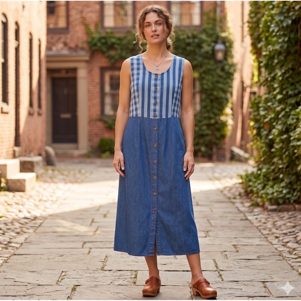 Monique Fashions Vintage 2X Denim Plaid Maxi Dress Blue Cotton Tie Back USA Made